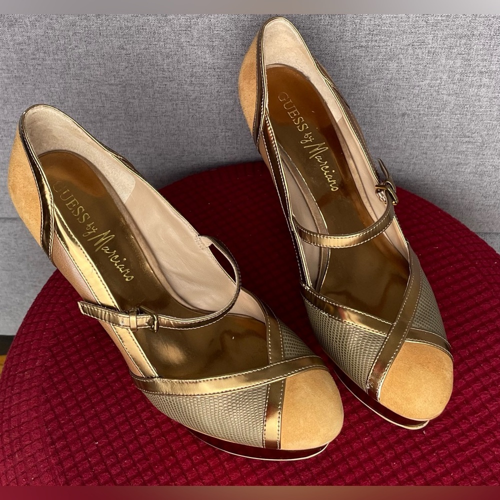 Guess Metallic Gold and Tan Peep-Toe Mary Jane Heels